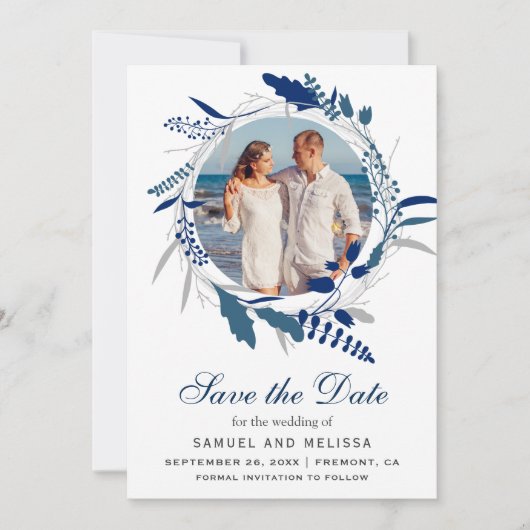 Elegant Blauw Bloemen Krans Foto Save the Date (Voorkant)