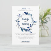 Elegant Blauw Bloemen Krans Islamitische Bruiloft Kaart (Staand voorkant)