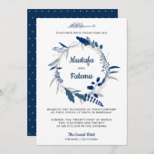 Elegant Blauw Bloemen Krans Islamitische Bruiloft Kaart (Voorkant / Achterkant)