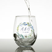 Elegant Blauw Bloemen Krans Monogram Bruiloft Wijnglas Zonder Voet