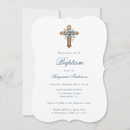 Elegant Blauw Bloemen Kruis Jongen Doop Kaart (Voorkant)