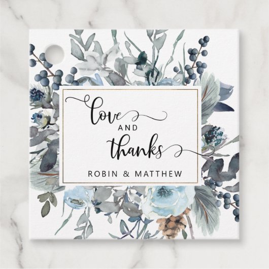 Elegant Blauw Bloemen Liefde en Bedankt Trouwgunst Bedankjes Labels (Voorkant)