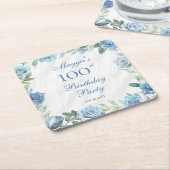 Elegant Blauw Bloemen Lijst 100ste Verjaardagsfees Kartonnen Onderzetters (Schuin)
