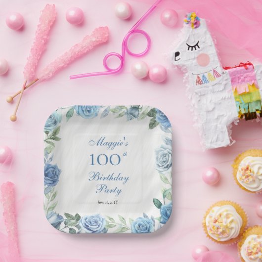 Elegant Blauw Bloemen Lijst 100ste Verjaardagsfees Papieren Bordje (Feest)