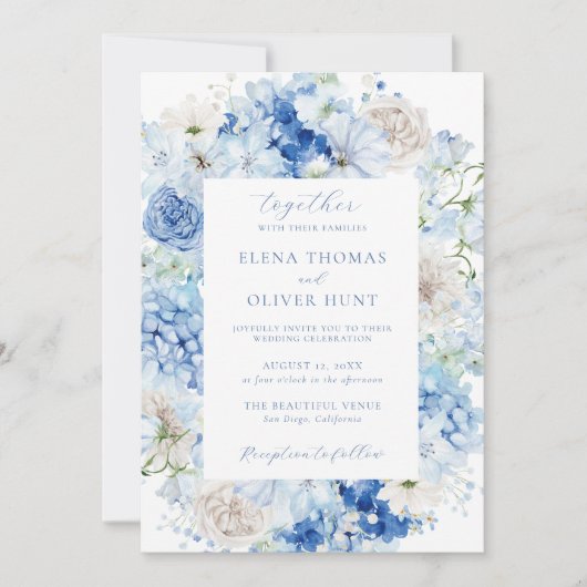 Elegant Blauw Bloemen Lijst Bruiloft Kaart (Voorkant)