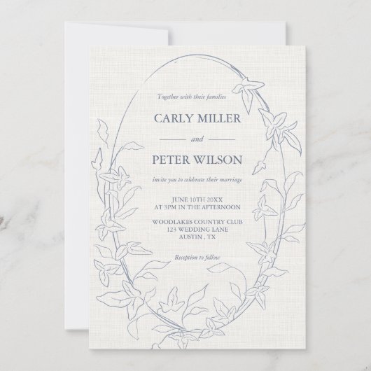 Elegant  Blauw Bloemen Lijst | linnen bruiloft Kaart (Voorkant)