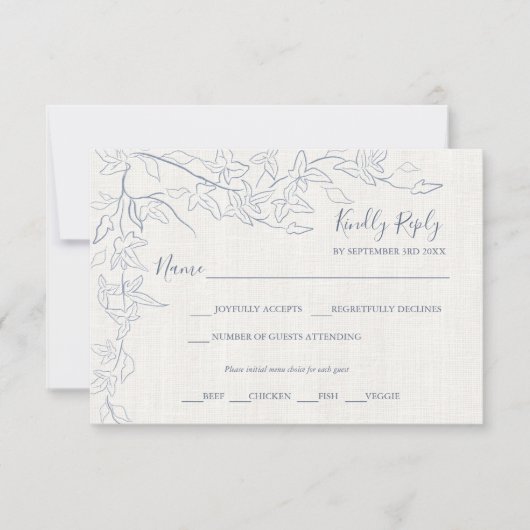 Elegant  Blauw Bloemen Lijst | linnen bruiloft RSVP Kaartje (Voorkant)