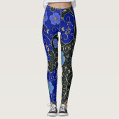 Elegant blauw bloemen met goudbladeren en -zwenken leggings (Voorkant)