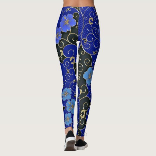 Elegant blauw bloemen met goudbladeren en -zwenken leggings (Achterkant)