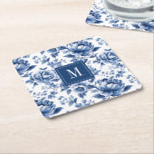 Elegant  Blauw Bloemen Monogram Kartonnen Onderzetters (Schuin)