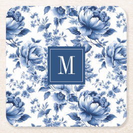 Elegant  Blauw Bloemen Monogram Kartonnen Onderzetters