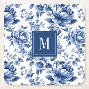Elegant  Blauw Bloemen Monogram Kartonnen Onderzetters
