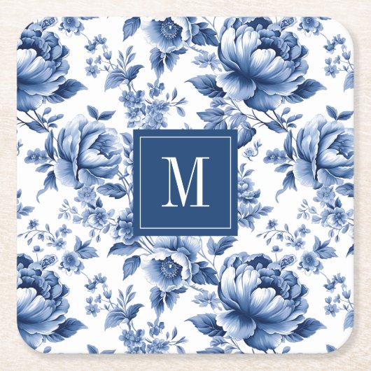 Elegant  Blauw Bloemen Monogram Kartonnen Onderzetters (Voorkant)
