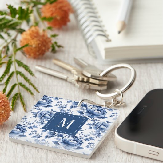 Elegant Blauw Bloemen Monogram Sleutelhanger (Voorkant Rechts)