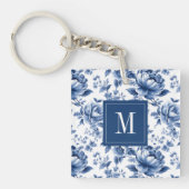 Elegant Blauw Bloemen Monogram Sleutelhanger (voorkant)