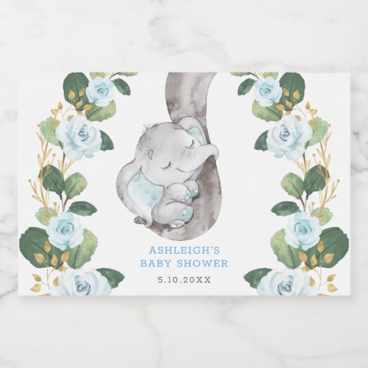 Elegant Blauw Bloemen Oerwoud Olifant Baby Verjaar Sparkling Wijnetiket (Enkel label)