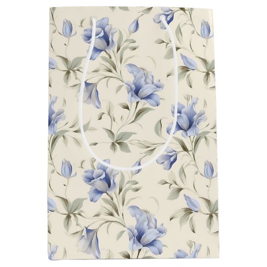 Elegant Blauw Bloemen op Cream Achtergrond Medium Cadeauzakje (Voorkant)