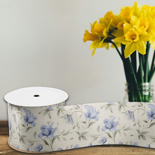 Elegant  Blauw Bloemen op Cream Achtergrond Satijnen Lint
