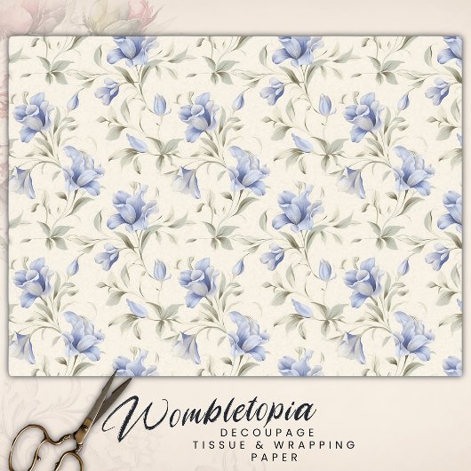 Elegant  Blauw Bloemen op Crème Decoupage Tissuepapier