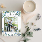 Elegant Blauw Bloemen Paar Foto Save the Date Uitnodiging Briefkaart