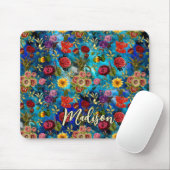 Elegant blauw Bloemen patroon monogram Muismat (Met muis)