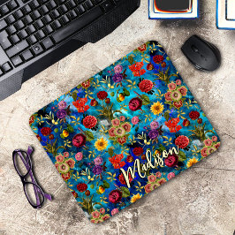 Elegant blauw Bloemen patroon monogram Muismat