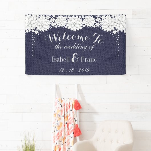 Elegant Blauw Bloemen Patroon Party Bruiloft Spandoek (Insitu)