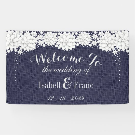 Elegant Blauw Bloemen Patroon Party Bruiloft Spandoek (Horizontaal)
