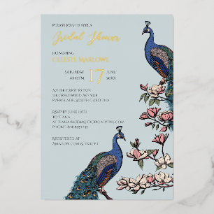 Elegant Blauw Bloemen Pauw Vrijgezellenfeest Folie Uitnodiging