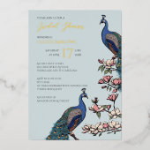 Elegant Blauw Bloemen Pauw Vrijgezellenfeest Folie Uitnodiging (Voorkant)