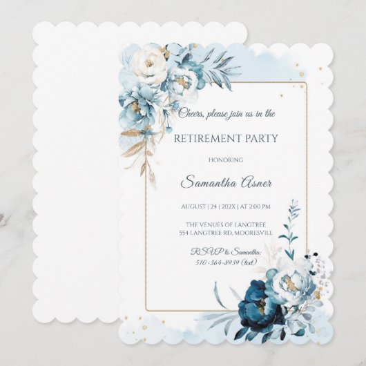 Elegant Blauw Bloemen Pensioen Partij Kaart (Voorkant / Achterkant)