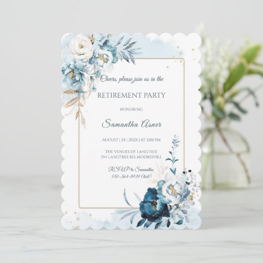 Elegant Blauw Bloemen Pensioen Partij Kaart (Staand voorkant)