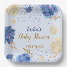 Elegant Blauw Bloemen Pompoen Baby shower Papieren Bordje