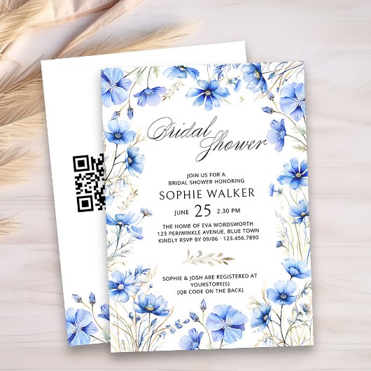 Elegant Blauw Bloemen QR Code Vrijgezellenfeest Kaart