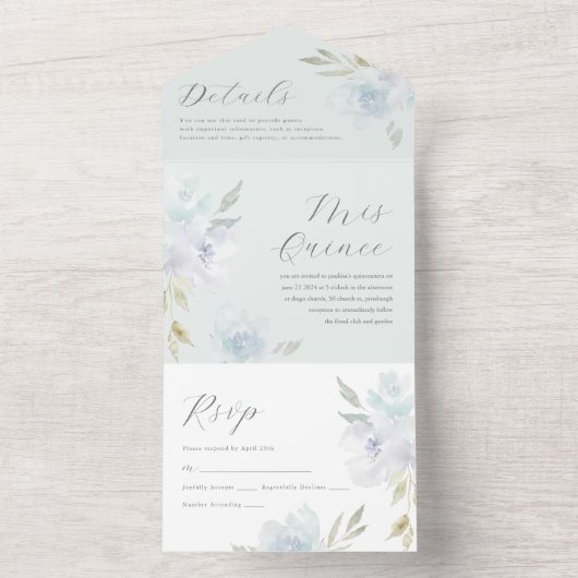 Elegant Blauw Bloemen Quinceanera 15 Jaar All In One Uitnodiging (Binnen)