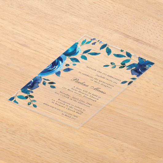 Elegant Blauw Bloemen Quinceañera Acryl Uitnodigingen (Laagn)