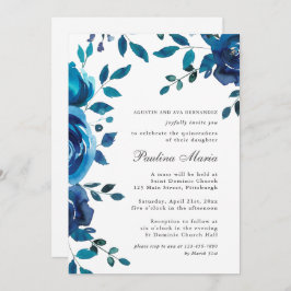 Elegant Blauw Bloemen Quinceañera Kaart