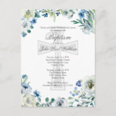 Elegant Blauw Bloemen Religieus Kruis Doop Briefkaart (Voorkant)