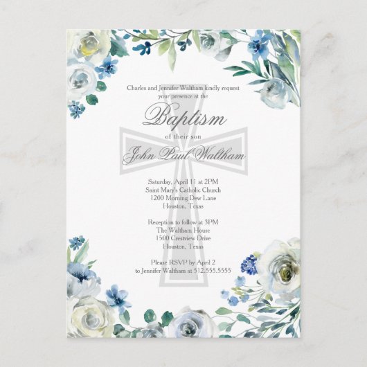 Elegant Blauw Bloemen Religieus Kruis Doop Briefkaart (Voorkant)