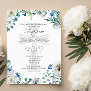 Elegant Blauw Bloemen Religieus Kruis Doop Briefkaart