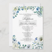 Elegant Blauw Bloemen Religieus Kruis Doop Kaart (Voorkant)