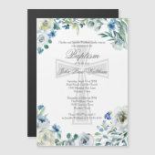 Elegant Blauw Bloemen Religieus Kruis Doop Magnetische Uitnodiging (Voorkant / Achterkant)