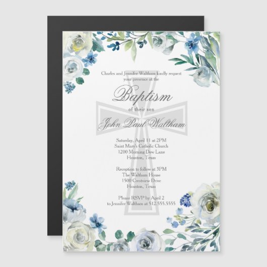 Elegant Blauw Bloemen Religieus Kruis Doop Magnetische Uitnodiging (Voorkant / Achterkant)