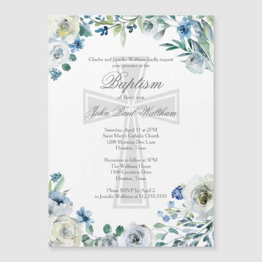 Elegant Blauw Bloemen Religieus Kruis Doop Magnetische Uitnodiging (Voorkant)