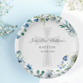 Elegant Blauw Bloemen Religieus Kruis Doop Papieren Bordje