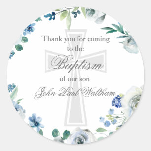 Elegant Blauw Bloemen Religieus Kruis Doop Ronde Sticker