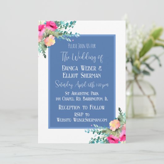 Elegant Blauw Bloemen Roze Rosebud Elegant Bruilof Kaart (Staand voorkant)