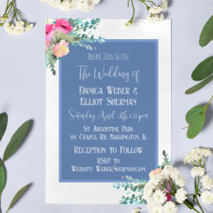 Elegant Blauw Bloemen Roze Rosebud Elegant Bruilof Kaart