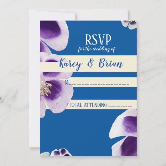 Elegant Blauw Bloemen RSVP Fotokaart, Script Kaart (Voorkant)