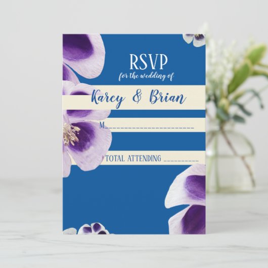 Elegant Blauw Bloemen RSVP Fotokaart, Script Kaart (Staand voorkant)